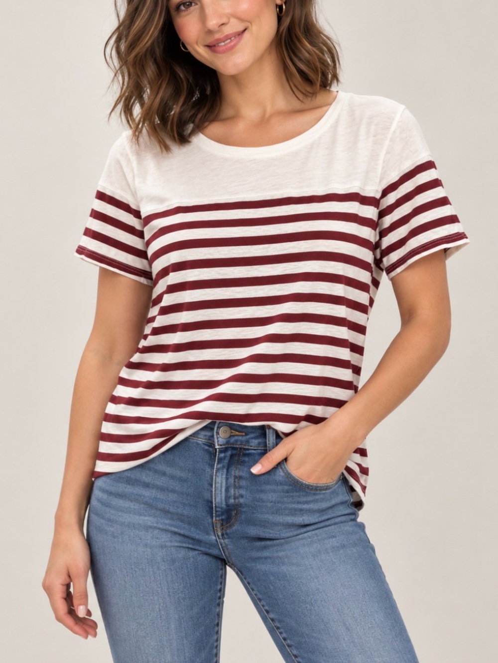 Treasure & Bond Cream and Burgundy Striped Short-Sleeve Tee